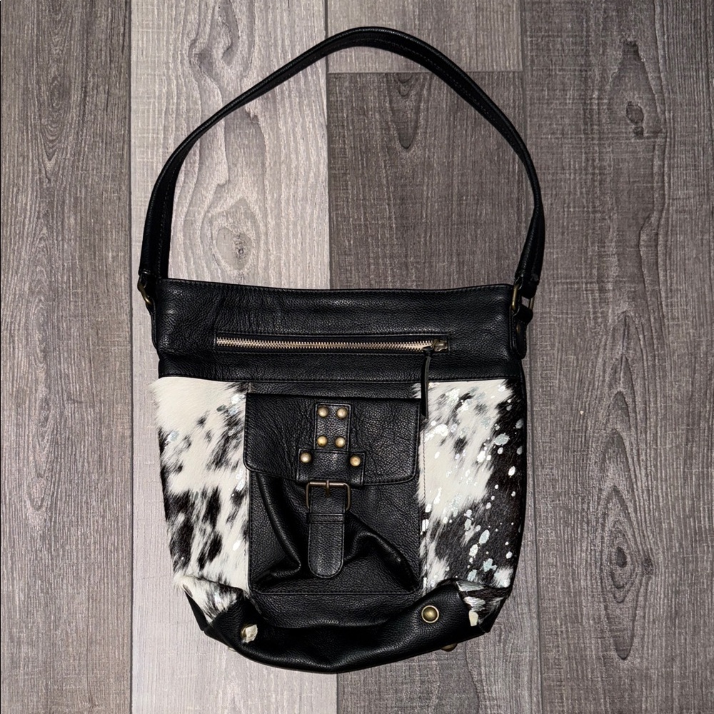 Black Leather and White Furry Cow print Women's Bag